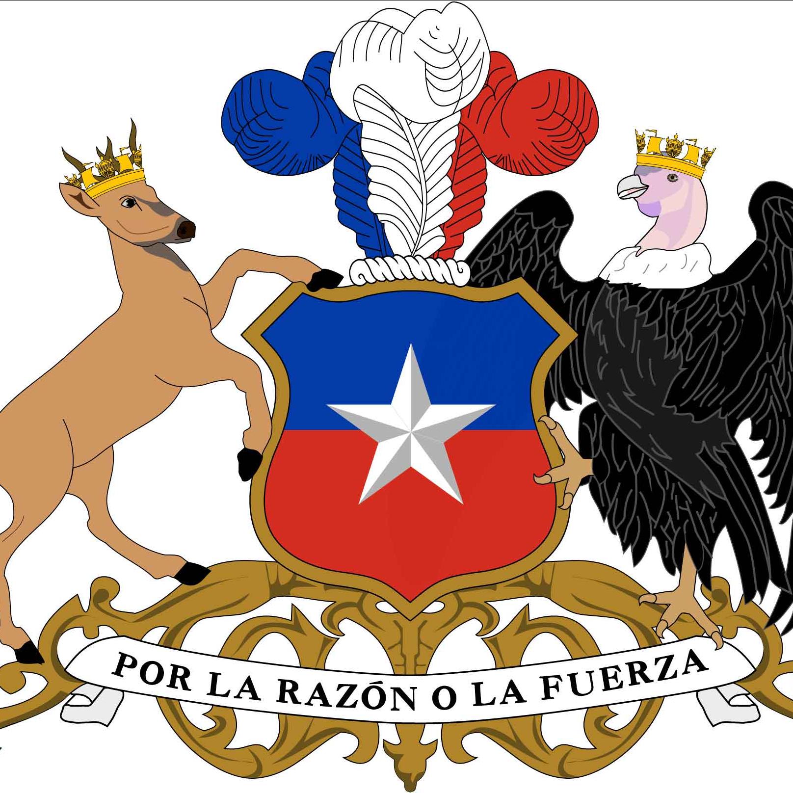 A stag with a crown rearing next to a shield with a star on it and feather plumes at the top; on the other side is a condor, also with a crown, and the text across the bottom "Por la razon o la fuerza"
