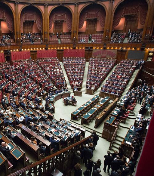  Huge room of the Italian Parliament, with seats half-empty